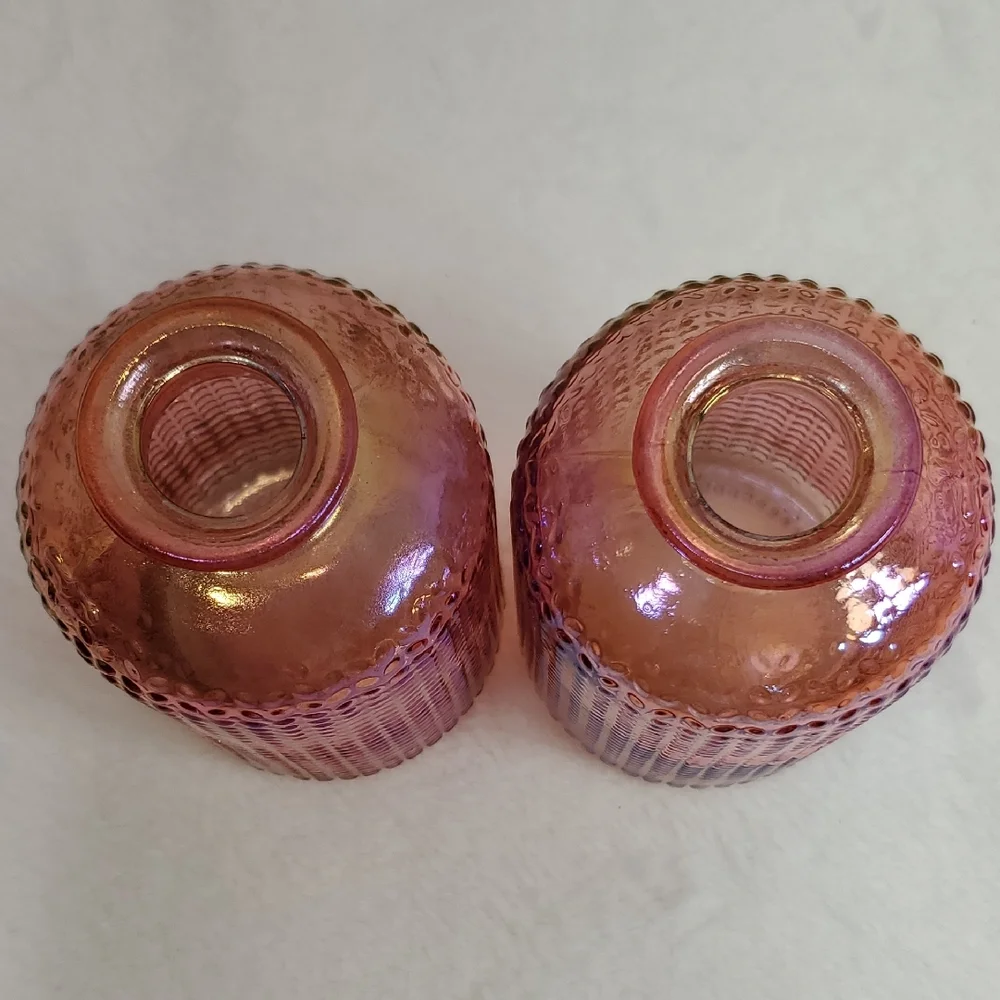 Elegant Pink Iridescent Textured Glass Bottles Bud Vases Set of 2